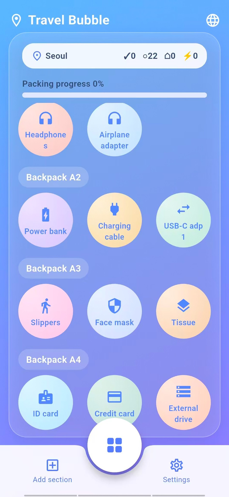 Travel Bubble main screen